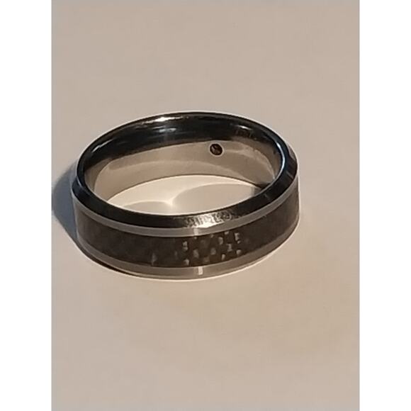 BAND RING MEN'S TUNGSTEN CARBIDE BLACK CARBON FIBER & DIAMOND WEDDING size 12 - Picture 3 of 7